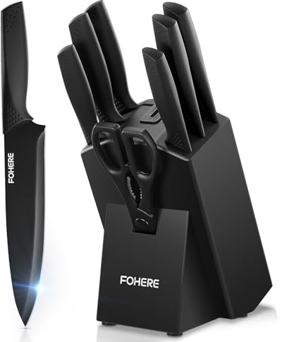Juego de Cuchillos de Cocina con Bloque FOHERE 8 Piezas Bloque de Cuchillos con Afilador Integrado Acero Inoxidable Cuchillos Cocina Profesional, Negro