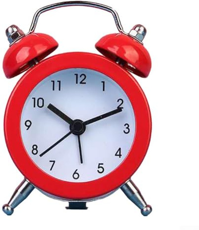 Pumixiy Mini réveil compact - Design double cloche, mouvement à quartz, corps en métal + lentille en verre, fonctionne avec piles pour chambre à coucher, bureau ou voyage (rouge)