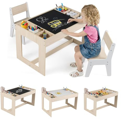 FANTASK 3-in-1 Kindertisch mit 2 Stühlen, Kindersitzgruppe mit Stauraum, Wendbare Tischplatte & Abnehmbare Trennwände, Basteltisch Maltisch Spieltisch für Kinder ab 3 Jahren (Natur)