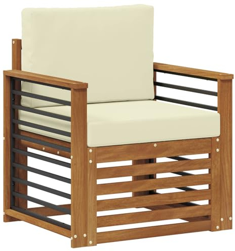 Yisssmeng Gartenstuhl aus massivem Akazienholz, Modulares Outdoor Loungesessel Set mit Polster in Creme, Wetterresistenter Holzstuhl für Garten, Terrasse und Balkon, 59 x 63 x 73 cm