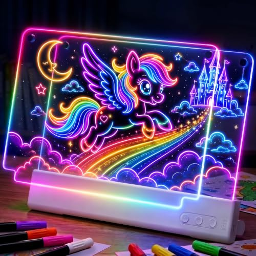 Aspoven LED Drawing Board for Children, Light-Up Double Panel (White) | Animation Function, 16 Inch Drawing Surface, 16 Markers Included, 9 Colors & 5 Brightness Levels, Creative Toy for Kids