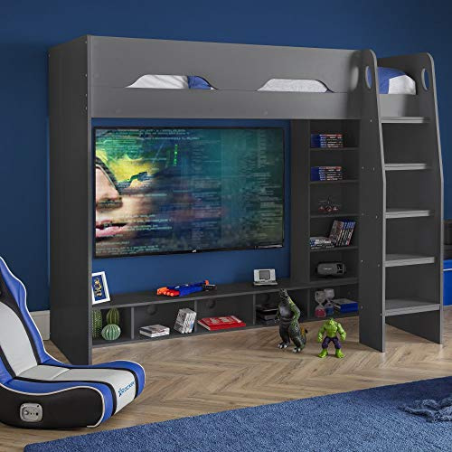 happybeds Wooden Gaming Bed, Galaxy Grey Wooden Gaming High Sleeper - 3ft Single (90 x 190 cm) Frame Only
