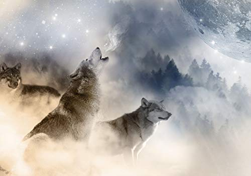 decomonkey Fototapete selbstklebend Tiere Wolf 392x280 cm XL Selbstklebende Tapeten Wand Fototapeten Tapete Wandtapete klebend Klebefolie Mond Wald Abstrakt