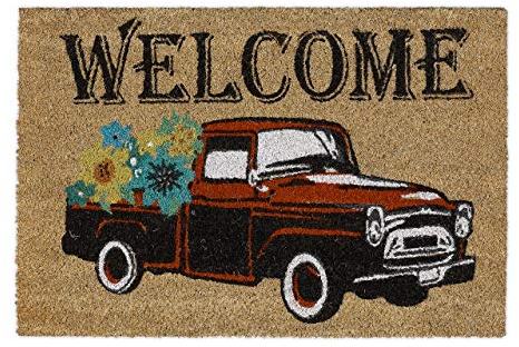 Relaxdays Fußmatte Kokos, Welcome Schriftzug & Auto-Motiv, Türvorleger innen & außen, Kokosmatte 40x60, Türmatte, natur