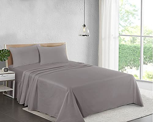 Drap plat uni 100 % coton, ultra doux, de qualité hôtelière supérieure, infroissable, facile d'entretien, infroissable, anti-taches et à la décoloration, gris, super king size