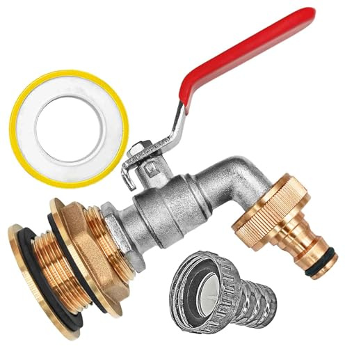 MegaHaustechnik Regentonnendurchführung Messing für 27mm LochØ AG 3/4“, Wandung max. 12mm, Dichtband, Auslaufhahn mit Stecker für Gardena Buchse, Fass Verschraubung Tank