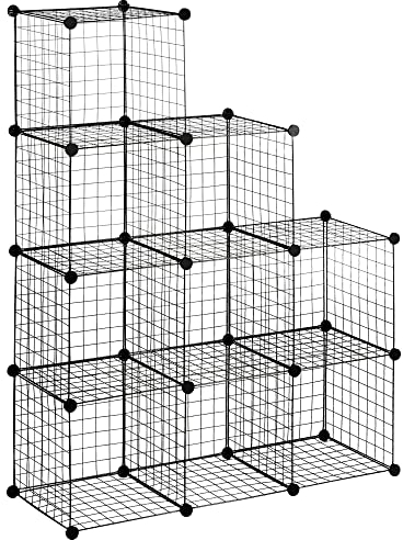 HOMCOM Steckregal, Regalsystem mit 9 Fächern, DIY Würfelregal aus Drahtgitter, Stufenregal für Wohnzimmer, Schlafzimmer, Schwarz, 105 x 35 x 105 cm