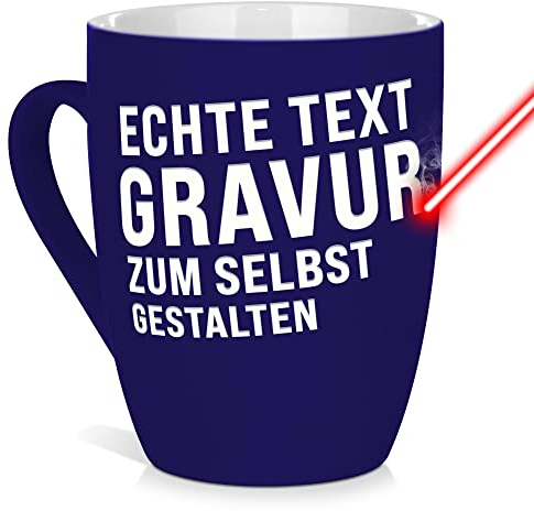 Tasse mit Gravur selbst gestalten - mit eigenem Spruch / Wunschname gravieren - Geschenk Geburtstag, Weihnachten, Freunde, Familie Keramiktasse außen gummiert - Blau, 300 ml I Lasergravur