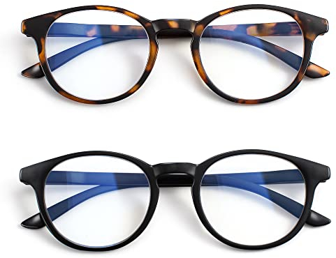 EYEGUARD Ultra Dünn 2er Pack Lesebrille Damen und Herren, Runde Leichte Blaulichtfilter Lesebrille mit Federscharnieren, Schildpatt/schwarz +2,00 Dioptrien