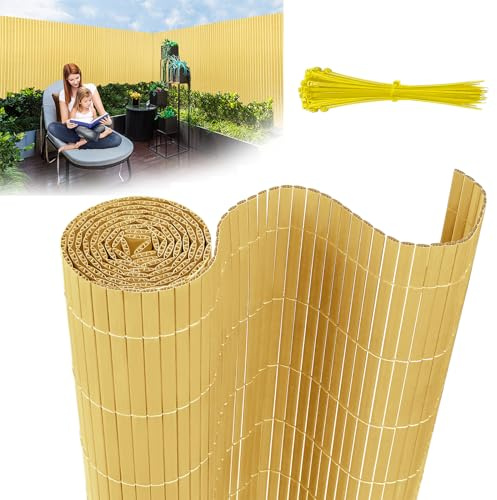YUENFONG 120x600cm Sichtschutzmatte PVC Sichtschutzzaun Windschutz Gartensichtschutz mit Kabelbindern, für Balkon, Garten, Terrasse, Außenbereich, Bambus Farbe