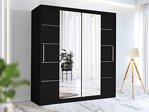 RAC3 Wardrobes for Bedroom with Mirrored Sliding Door & LED Light Premium Wardrobe Storage with Sleek Design comes in Colours Black/White/Grey/Oak- Different Sizes from 150cm - 250cm (Black, 203cm)