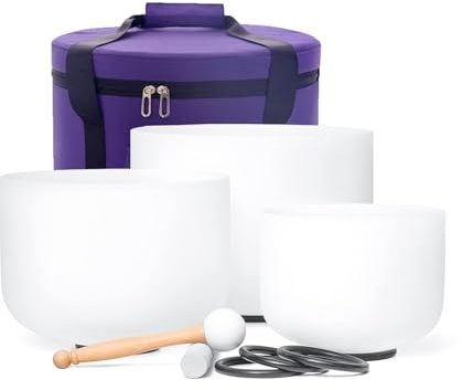 Hye-eun Klangskål i kristall, 3-pack frostade kvartsskålar, 432 Hz, 20,3 cm, B, 25,4 cm F, 30,5 cm C, klangskålar med gratis bärväska för ljudläkning