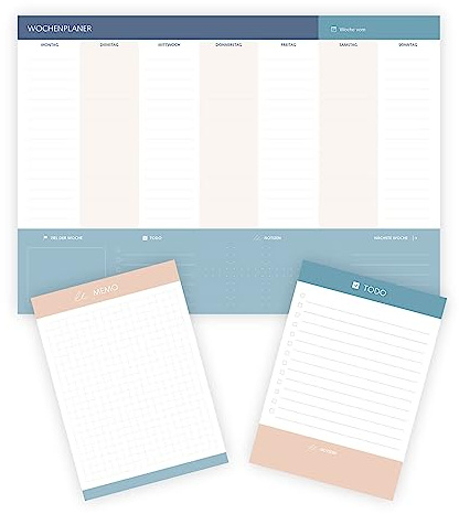 TEMONTO Wochenplaner A4 + ToDo Liste A6 + Memo Block A6 3er-Set | 50 Blatt Home Productivity