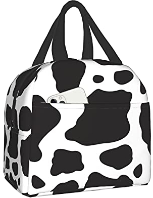FJAUOQ Black Cow Animal Lunch Bag Scatola da viaggio Lavoro Bento Cooler Tote riutilizzabile Scatole da picnic Contenitore isolato Borse per la spesa Per adulti Donna Uomo