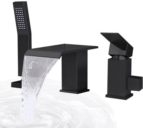 BAITUJIE Badewannenarmatur Wasserfall, 3 Loch Schwarz Matt Badewannenarmatur mit Handbrause Armatur Badewanne