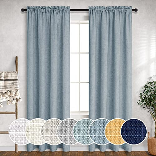Mrs.Naturall Light Blue Linen Curtains 102 Inches Long for Living Room 2 Panel Rod Pocket Farmhouse Bedroom Drape Light Filter Semi Sheer Grey Blue Curtain for Patio Door 52x102 Length Stone Blue Gray