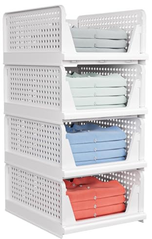 4 Pack Folding Closet Organizers Box, Stackable Plastic Basket, Drawer Shelf Container for Cupboard Kitchen Bathroom Bedroom (4L) White