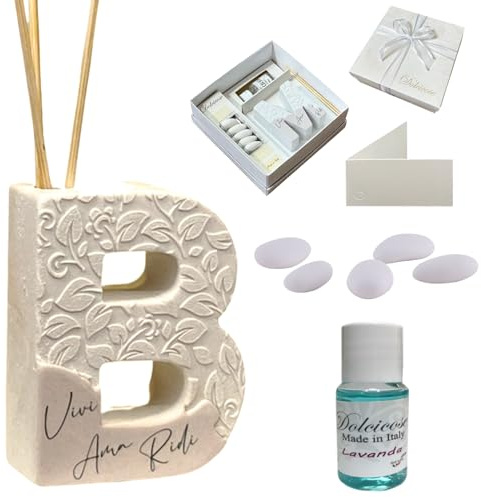Regalami.Shop bomboniera profumatore in Marmo di Carrara Completo di Scatola, Confetti, Essenza, Nastro e bigliettino (Lettera b)