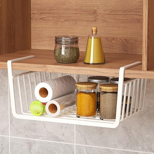 COITROZR Hängekorb Küche, Hängekorb aus Metall, Unter Schrank Lagerung Organizer, Schrankkörbe, Allzweckkorb Aufbewahrungskorb für Schreibtisch, Bad, Vorratskammer, Weiß, 27 x 25 x 14 cm