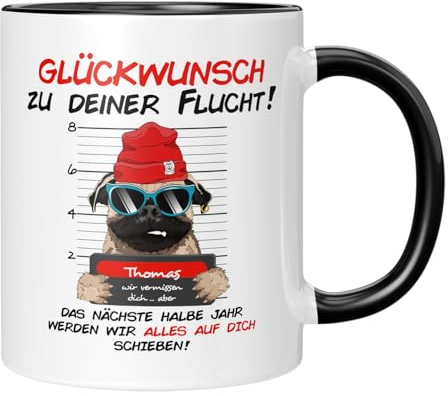 TassenTicker - Glückwunsch zu deiner Flucht - Abschiedsgeschenk - Abschied - Kollegen - Tasse mit Spruch - jobwechsel - Dankeschön - Personalisiert - Schwarz
