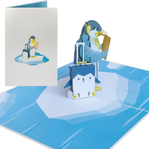 Sweetpopup® 3D Pop-Up Karte Pinguin – Winterliche Glückwunschkarte für Geburtstag & Neuanfang – Ideal als Gutschein für Reise, Winterurlaub, Abschied oder Heimkehr, 176