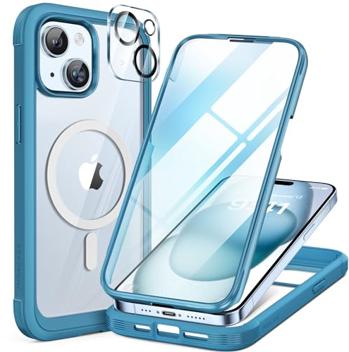 miracase Vollschutzhülle für iPhone 15, Magsafe, Blau | Eingebaute 9H Panzerglas Schutzfolie | Komplettschutz | Stoßfest | Kameraschutz | Geeignet für Outdoor | 6,1 Zoll