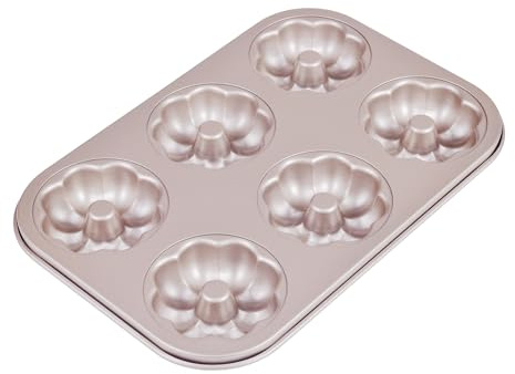 Bakeley Flower Donut Pan, 6 Cavity Donut Mold Heavy Duty Steel Non-stick Flower Heart Shaped Bund Pans Pattern Doughnut Bakeware for Oven Baking (Champagne Gold)