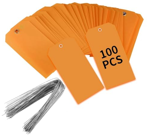 YEHEI 100 Stück 4 3/4 X 2 3/8 Kunststoff-Versandetiketten mit Drähten, Leere Beschriftungsetiketten, Wasserdichte Hängeetiketten (Orange), Einfache Installation