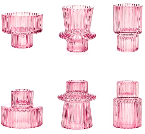 Toptime Candle Holders Set of 6, Glass Candlestick Holders Pinstripe Pattern, Reversible Tealight & Taper Candle Holders, Pink Crystal Tea Light Candle Holder for Wedding Dinner Party Festival