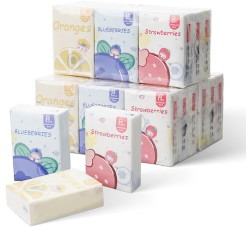 Confezione di fazzoletti tascabili, fazzoletti per il viso, motivo frutta (confezione da 27) | Formato da viaggio piccolo singolo fazzoletto mini carino monouso per gite, viaggi, bomboniere, 3 veli, 8 fogli