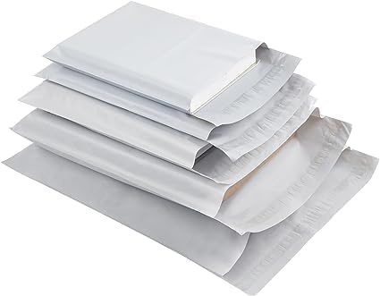 SULOLI 50pcs Enveloppe Plastique Expedition-Sacs d'Expédition Envoi Postal en 5 Tailles，Sac d'Emballage Blanc Opaque Imperméable à L'Eau avec Fermeture Auto - Adhésive pour L'emballage Expéditeu