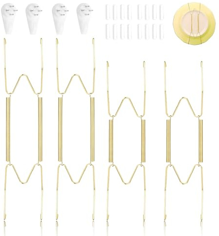 Devantia Osynliga väggfästen i stål för dekorativa tallrikar - set med 4 gyllene krokar 20–22 cm 24–26 cm med nitar och skydd, för väggkonst