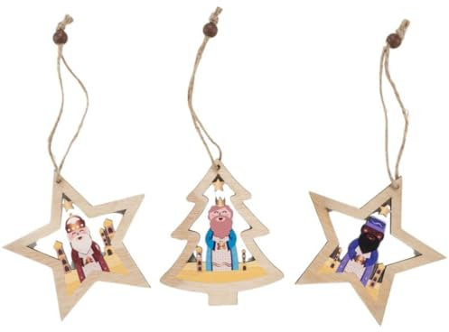 Set de x3 Adorno de Árbol Navidad Colgante Reyes Magos en Estrella de Madera, 3 Modelos Incluídos, Decoración Navideña, 10 cm