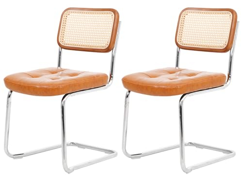 KUKKUME Esszimmerstühle 2er Set Schwingstuhl Freischwinger Stühle Küchenstühle mit Rattan Rückenlehne und Stahlrahmen Polsterstuhl für Esszimmer/Wohnzimmer (Braun)