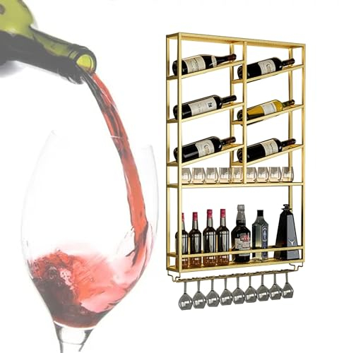 Weinregal Wand Metall Flaschenregal Schmal Wine Rack Bar Regal Wand mit LED-Lichtleiste und Weinglashalter Barschrank Minibar Vitrine Hängend Weinschrank Weinflaschenhalter Getränkeregal(Color:Gold,Si