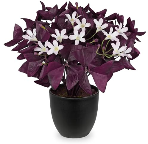 Arborus Artificial Oxalis Triangularis Plants Indoor 13.3 Small Artificial Purple Shamrock Plants in Black Pots Fake Silk Oxalis Bulbs Plant Potted Desk Plant for Home Office Bathroom Farmhouse Decor