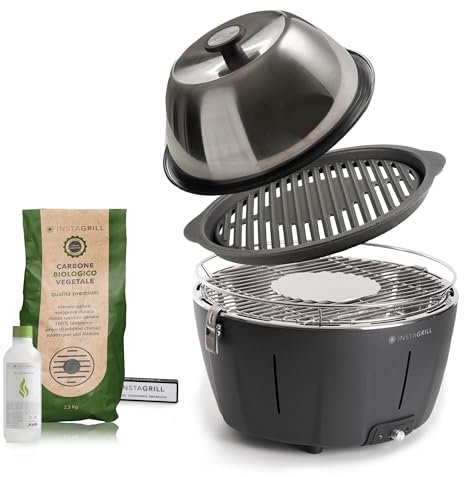 Classe Italy | Barbecue sans fumée à charbon, couvercle et grille en fonte. Balcon, portable, batterie rechargeable, charbon et gel pour allumage. PRO noir anthracite