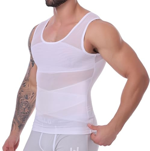 MISS MOLY Men's Compression Shirt Slimming Vest Elastic Body Shaper Undershirts Tummy Control Waist Trainer Muscle Tank Top for Men(White,XL)