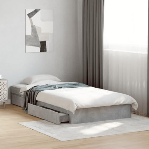 vidaXL Single Bed Frame with Drawers - Concrete Grey, Engineered Wood, Plywood Slats, 90x190 cm, Bedroom Furniture with Ample Storage