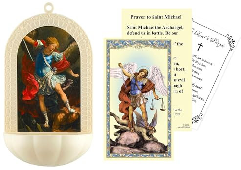 St Michael Holy Water Font For Home Catholic Decor- Hanging Holy Water Holder For Wall, Saint Michael Prayer Card, Lord's Prayer Card - Holy Water Font For Wall, Altar - Fuente De Agua Bendita, 3 Item