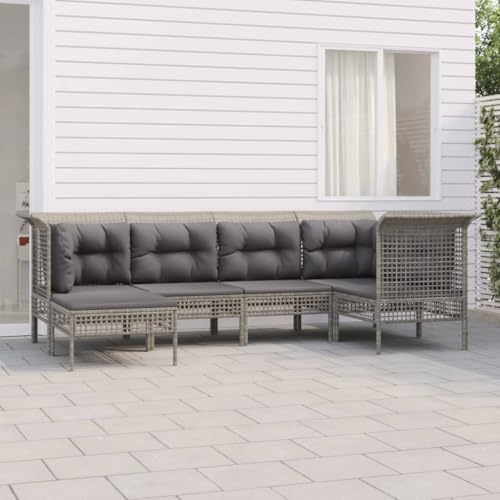 WEMYUFURN 6-TLG. Garten-Lounge-Set mit Kissen Grau Poly Rattan, Outdoor-Sitzgruppe, Terrassen-Lounge-Set, Garten-Couchgarnitur - Wetterbeständig, Komfortabel - für Terrasse, Garten und Balkon