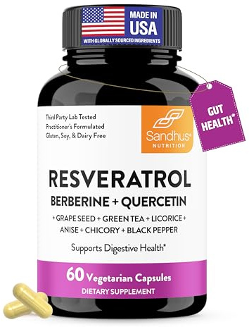 Resveratrol with Berberine Supplement For Gut Health Support | 60 Digestive Capsules For Women & Men | With Green Tea Extract, Star Anise, DGL, Grape Seed & Quercetin | Helps Ease Bloating & Digestion