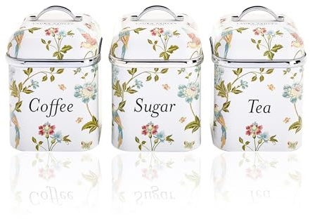 Laura Ashley Tea Coffee and Sugar Canisters Set of 3 by VQ - Food Grade Metal Tea Sugar and Coffee Containers Set with Removable Lids - Printed Storage Jars & Kitchen Canisters - Elveden White