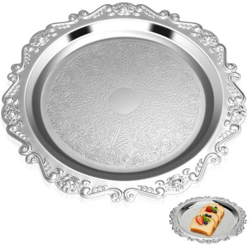 ABOOFAN 25 cm Kleiner Runder Dessertteller Aus Edelstahl Mit GepräGtem EuropäIschem Blumenmuster Am Rand, Vielseitig Verwendbar FüR Obst, Desserts Und Als Kleine Schmuckaufbewahrung | Edelstahl Material, Snack Präsentation, Schmuckablage, Für Käse Obst Gebäck Tee Kaffee, Elegante Tischdekoration