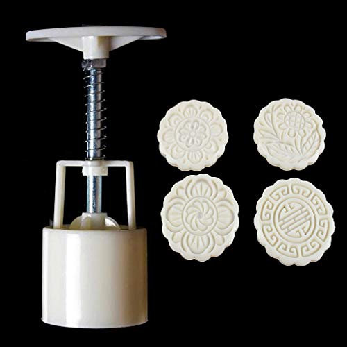 JUNNASALIKER 4pcs Flower Stamps Moon Cake Decor Mould Barrel Round Mooncake Mold 100g Pastry