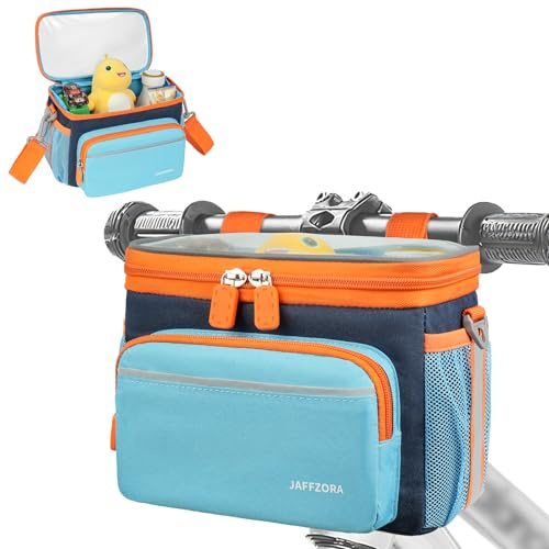Jaffzora Panier de Vélo Enfant 2-en-1 – Sac de Guidon pour Garçons et Filles, Panier Avant Joli et Résistant à l’Eau avec Bandes Réfléchissantes, Amovible pour Vélo, Trottinette, Tricycle (Bleu)