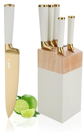 Ensemble de Couteaux de Cuisine, 6 Couteaux En Acier Inoxydable Blanc Avec Bloc, Bloc de Couteaux Ultra Tranchant Avec Manche Confortable, Couteau de Chef Pour La Cuisine Maison