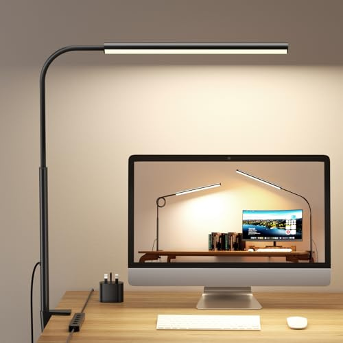 WHW3WIN LED Desk Lamp with Clamp - Flexible Gooseneck - 5 Lighting Modes, 11 Brightness Levels, Timer & Memory, Eye-Comfort Study/Nail Light, 12W Adapter Included - Black