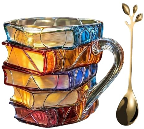 Generico Tazza originale con pila di libri per lettori - Tazza da caffè in vetro con design vintage a forma di libro dipinta a mano | Regalo per bibliotecari e autori