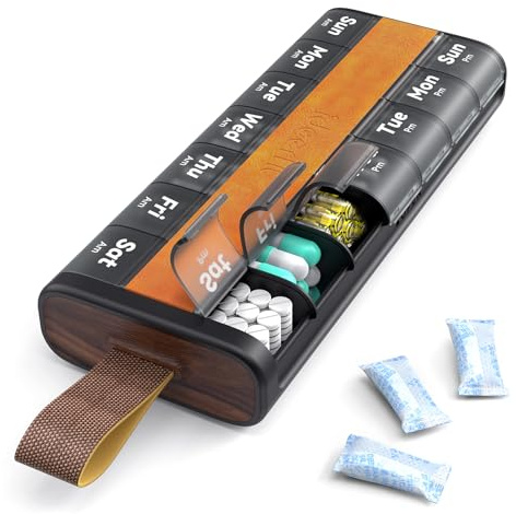 IDEERFIT Tablettbox 7 dagar 2 x daglig läderdesign | Läderdesign, fack för torkmedel, bärbart handtag, slitstarka etiketter, för resor och kontor